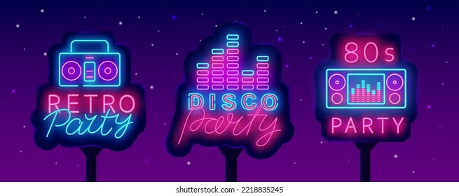 Retro party night neon street billboards collection. Disco 80s party. Luminous advertisings. Equalizer and dj console icons. Karaoke and dance show. Shiny greeting card. Vector stock illustration