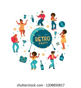 Retro party. People dance rock and roll. Musicians play saxophone and trumpet. Jazz singer. A large set of characters in the style of 70-80 years. Vector illustration, poster.