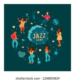 Retro party. People dance rock and roll. Musicians play saxophone and trumpet. Jazz singer. A large set of characters in the style of 70-80 years. Vector illustration, poster.