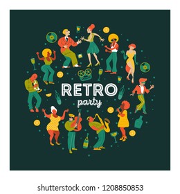 Retro party. People dance rock and roll. Musicians play saxophone and trumpet. Jazz singer. A large set of characters in the style of 70-80 years. Vector illustration, poster.