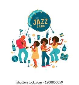 Retro party. People dance rock and roll. Musicians play saxophone and trumpet. Jazz singer. A large set of characters in the style of 70-80 years. Vector illustration, poster.
