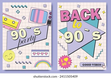 Retro party poster. 90's graphic design template. Music of the nineties, vintage cassette tape and 90s style. invitation card dancing party time advertisement poster background