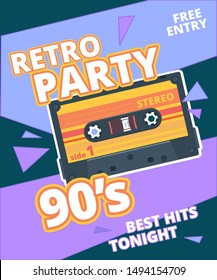 Retro party poster. 90s label with stereo audio cassette music background vector placard