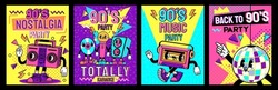 Retro Party Poster. Back To 90s, Nostalgia Music And Karaoke Flyer Design With Cartoon Characters Vector Set. Smiling Disco Ball, Microphone, Cassette And Boombox Brochure Design For Event