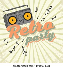 
retro party poster with boombox and music notes