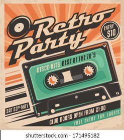 Retro Party Poster Design. Disco Music Event At Night Club, Vintage Invitation Template.