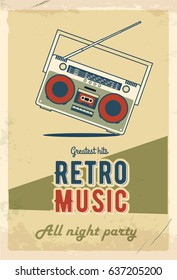 Retro party poster design. Music event at night club. Vintage invitation template. Grunge effects. Old cassette tape recorder.