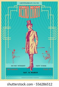 Retro party poster design with old-fashioned gentlemen and girls. Art Deco and Nouveau Gatsby Epoch 1920's and 1930's Style. Vector vintage handdrawn lineart illustration