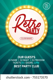 Retro party poster design. Vector graphic style backgorund for retro disco club party.