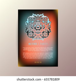 Retro party poster with fluid colors. Multicolored invitation. Vector card with neon aztec logo and holographic effect. Suitable for banners, brochures, covers, flyers