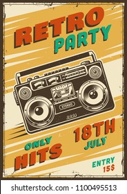 Retro party poster with ghetto blaster. Vector illustration.