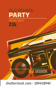 Retro party poster with ghetto blaster. Vector illustration.