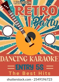 poster de festa retro com guitarra e fundo colorido