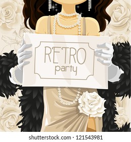 Retro party poster in hands of beautiful woman
