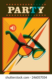 Afiche de fiesta retro con gafas de sol. Ilustración vectorial.