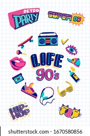 Retro party poster template with lettering. Nineties music, cartoon 90s style banner. Radio invitation card, dance time parties advertisement poster on white notebook background. Vector illustration