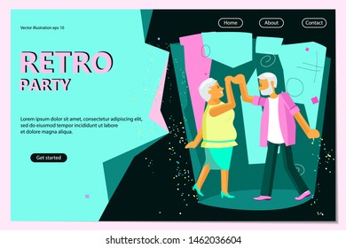 Retro Party Poster Template. Pair of active seniors dressed in retro fashion dancing. Flat Art Vector illustration