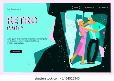 Retro Party Poster Template. Pair of active seniors dressed in retro fashion dancing. Flat Art Vector illustration