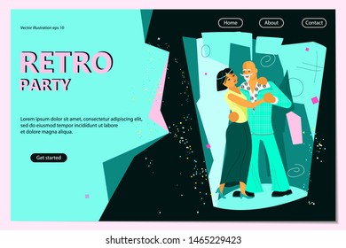 Retro Party Poster Template. Pair of active seniors dressed in retro fashion dancing. Flat Art Vector illustration