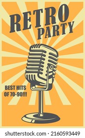 Retro Party. Poster-Vorlage mit Retro-Mikrofon. Design-Element für Banner, Zeichen, Flyer. Vektorgrafik