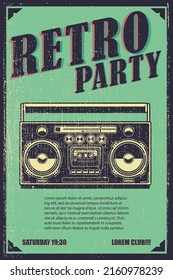 Retro party. Poster template with retro style boombox. Design element for banner, sign, flyer. Vector illustration