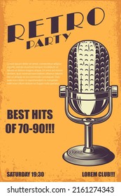 Retro party. Poster template with retro style microphone. Design element for banner, sign, flyer. Vector illustration
