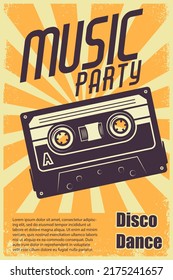 Retro party. Poster template with retro style audio cassette. Design element for banner, sign, flyer. Vector illustration