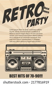 Fiesta retro. Plantilla de póster con boombox de estilo retro. Elemento de diseño para banner, signo, volante. Ilustración del vector