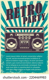 Retro party. Poster template with retro style boombox. Design element for banner, sign, flyer. Vector illustration