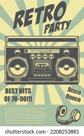 Retro party. Poster template with retro style boombox. Design element for banner, sign, flyer. Vector illustration