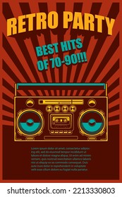 Retro party. Poster template with retro style boombox. Design element for banner, sign, flyer. Vector illustration