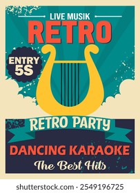 Retro party Poster template with retro style harp