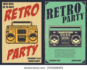 Retro party. Poster template with retro style boombox. Design element for banner, sign, flyer. Vector illustration