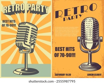 Retro party. Poster template with retro style microphone. Design element for banner, sign, flyer. Vector illustration