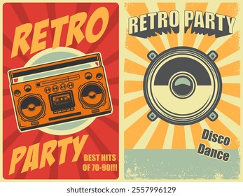 Retro party. Poster template with retro style boombox, microphone. Design element for banner, sign, flyer. Vector illustration