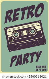 Retro party. Poster template with retro style audio cassette. Design element for banner, sign, flyer. Vector illustration