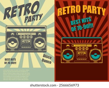 Retro party. Poster template with retro style boombox. Design element for banner, sign, flyer. Vector illustration