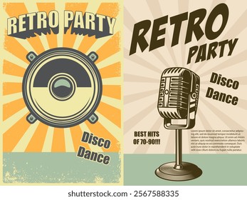 Retro party. Poster template with retro style boombox, microphone. Design element for banner, sign, flyer. Vector illustration