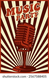 Retro party. Poster template with retro style microphone. Design element for banner, sign, flyer. Vector illustration
