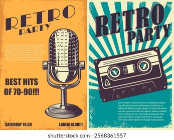 Retro party. Poster template with retro style boombox, microphone. Design element for banner, sign, flyer. Vector illustration