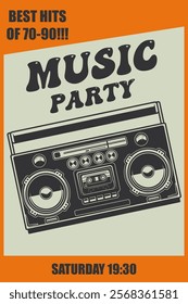 Retro party. Poster template with retro style boombox. Design element for banner, sign, flyer. Vector illustration