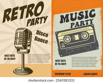 Retro party. Poster template with retro style boombox, microphone. Design element for banner, sign, flyer. Vector illustration