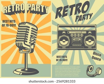 Retro party. Poster template with retro style boombox, microphone. Design element for banner, sign, flyer. Vector illustration