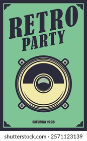 Retro party. Poster template with retro style boombox. Design element for banner, sign, flyer. Vector illustration