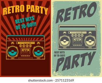 Retro party. Poster template with retro style boombox. Design element for banner, sign, flyer. Vector illustration