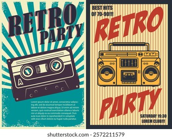 Retro party. Poster template with retro style boombox, microphone. Design element for banner, sign, flyer. Vector illustration