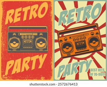 Retro party. Poster template with retro style boombox. Design element for banner, sign, flyer. Vector illustration