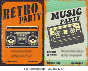 Retro party. Poster template with retro style boombox, microphone. Design element for banner, sign, flyer. Vector illustration