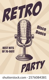 Retro party. Poster template with retro style microphone. Design element for banner, sign, flyer. Vector illustration