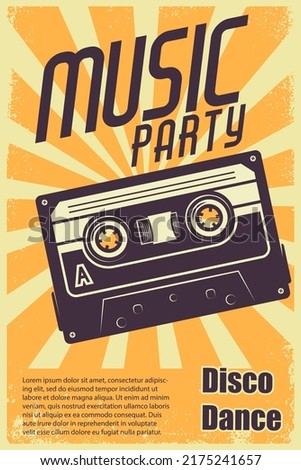 Retro party. Poster template with retro style audio cassette. Design element for banner, sign, flyer. Vector illustration